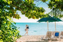 Beach chairs and umbrellas set up on Green Island’s sandy shoreline.