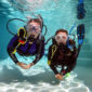 Divers practicing skills in swimming pool.