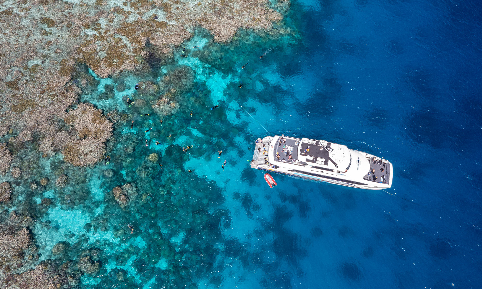Aerial view of snorkelers exploring coral reef with a reef tour boat off Cairns, Great Barrier Reef