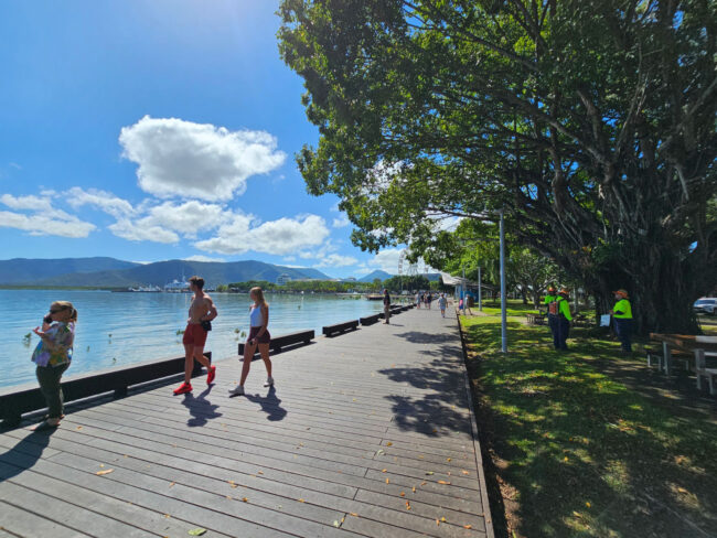 People walking and relaxing under shade trees along the Cairns Esplanade boardwalk.
