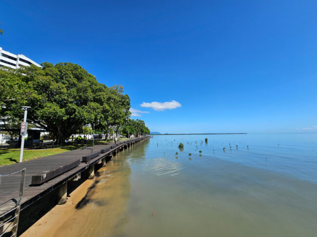 Cairns Esplanade pier and boardwalk overlooking calm sea and mangroves.