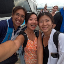 A group of freinds take a selfie before boarding the Silversonic Boat.