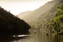 Rafts paddling down the Barron River at sunset surrounded by rainforest-covered mountains.