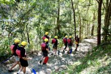 Group of rafters in helmets and lifejackets walking down a rainforest track to the Barron River.
