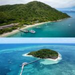 Aerial view of Fitzroy Island and Green Island near Cairns with turquoise water, beaches and reef