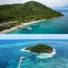 Aerial view of Fitzroy Island and Green Island near Cairns with turquoise water, beaches and reef