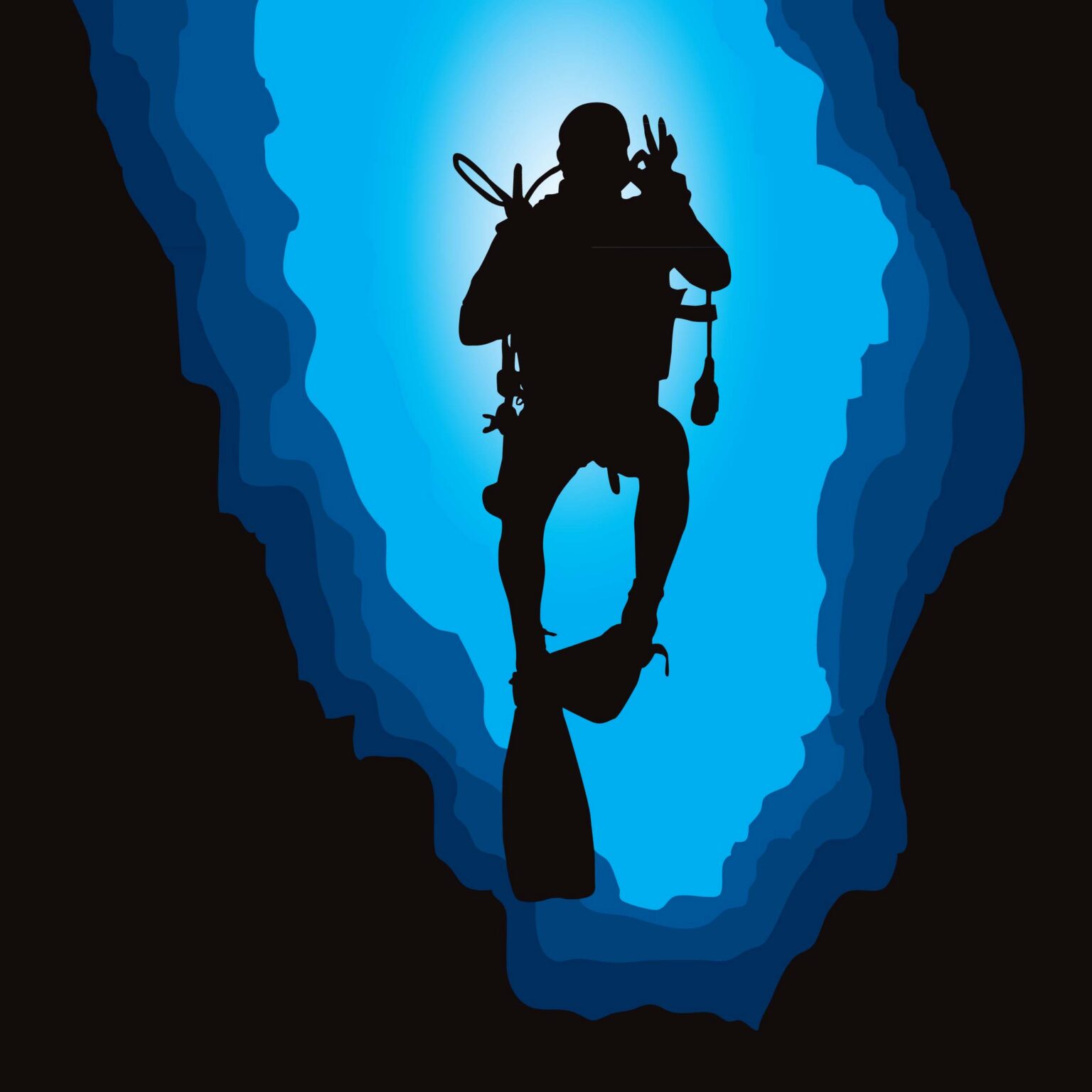 Scuba diver silhouette inside a reef cave, Cairns Dive Adventures brand icon representing Great Barrier Reef diving experiences