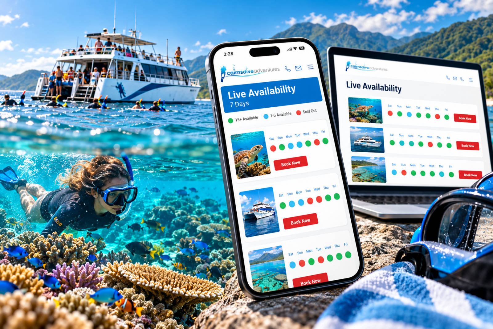 Screenshot of Cairns Dive Adventures’ seven-day availability calendar for Sunlover Cruises and Great Adventures reef tours
