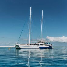 Ocean Spirit’s 32m sailing catamaran glides across the Coral Sea from Cairns to Michaelmas Cay