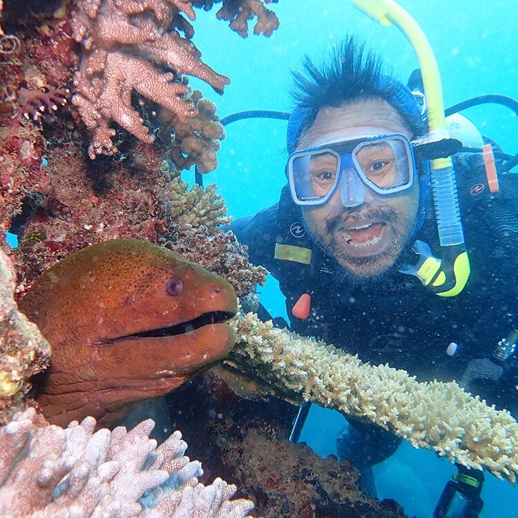 Scuba Diver Surprised by Moray Eel